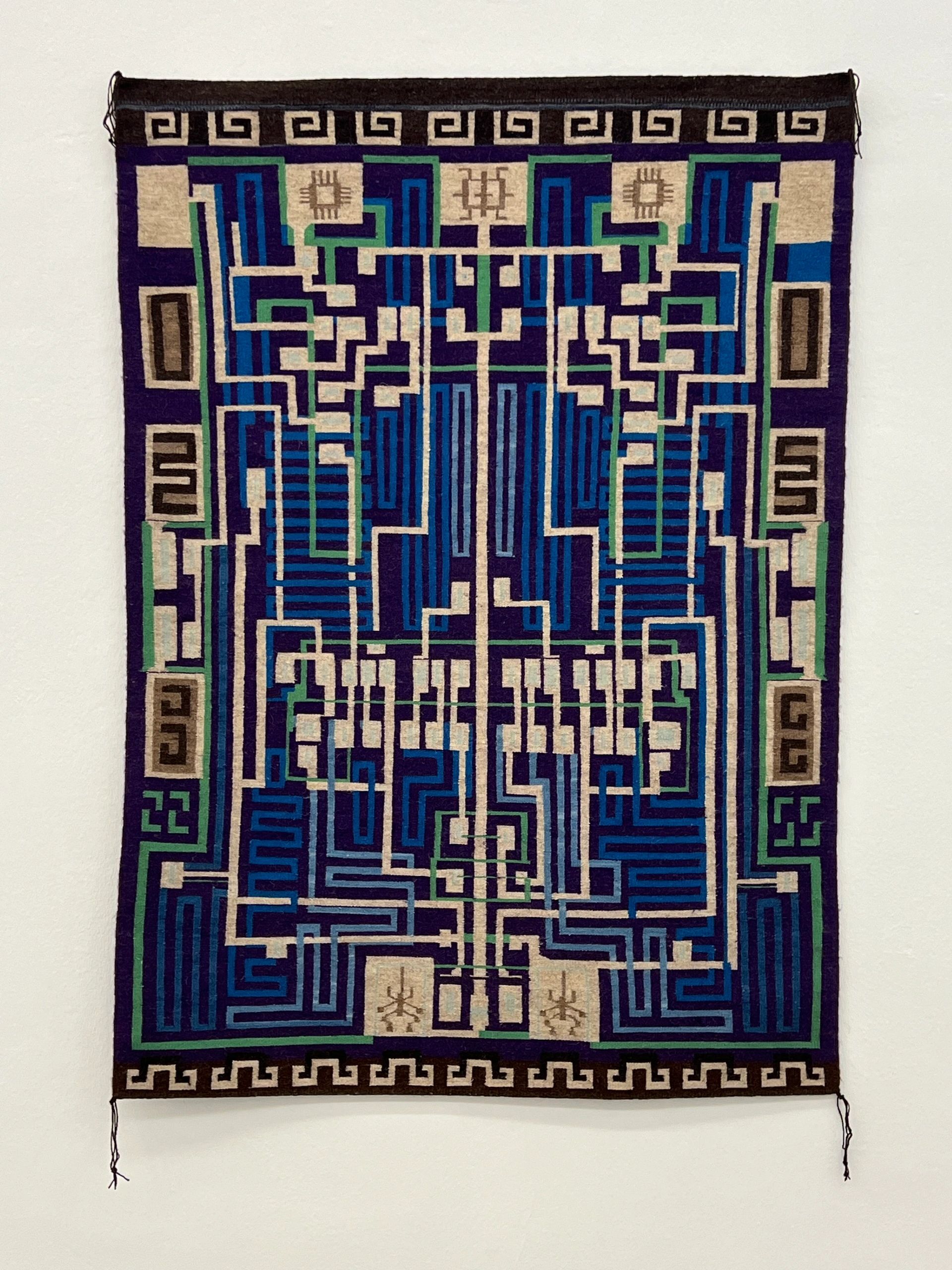 Computer chip circuit board inspired Navajo weaving geometric blue pattern